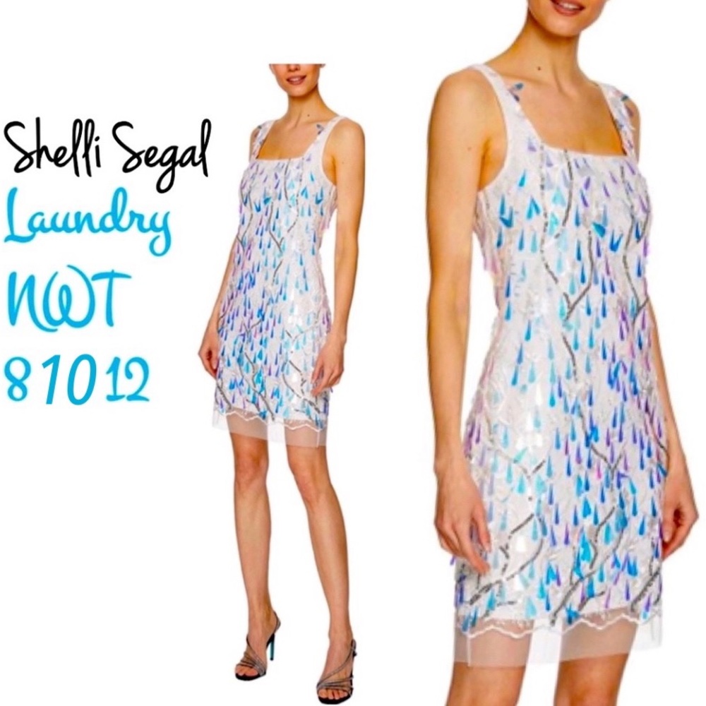 NWT LAUNDRY Shelli Segal white spangle shimmer dress shift mesh square 8 10 12